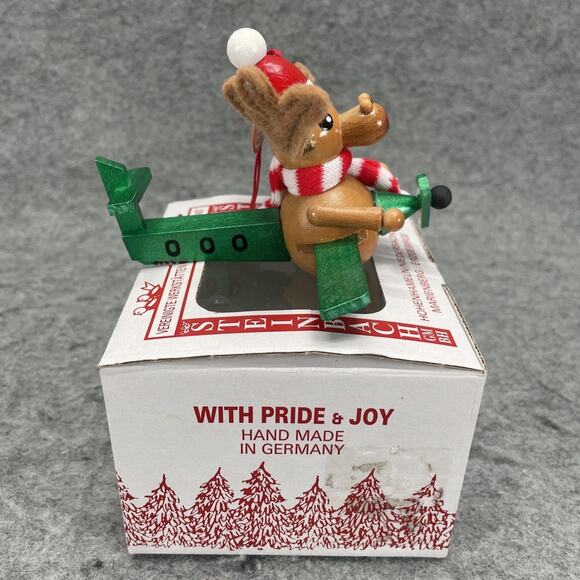 Vintage Steinbach Handcrafted Wood Christmas Ornament Moose Flying Plane Germany - Picture 3 of 8